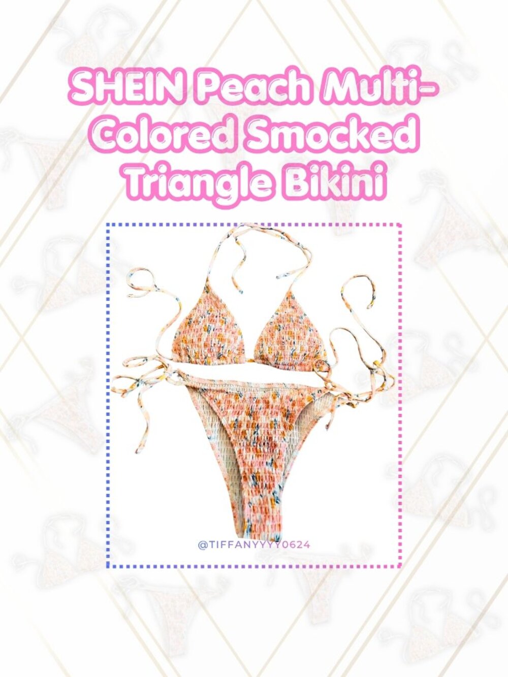 👙 SHEIN Peach Multi-Color Smocked Triangle Bikini {Size M Top / Size L Bottom}